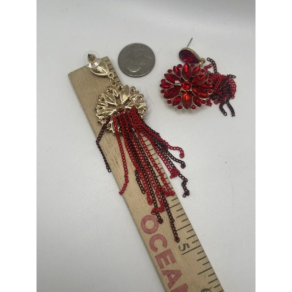 Angelix Beauty Red Rhinestone Chain Tassel Statement Earrings New